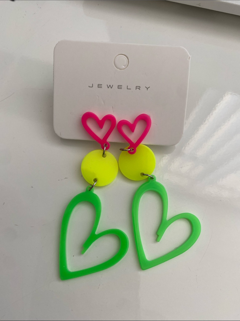 Colorful Heart Drop Earrings - Pink, Neon Yellow & Green